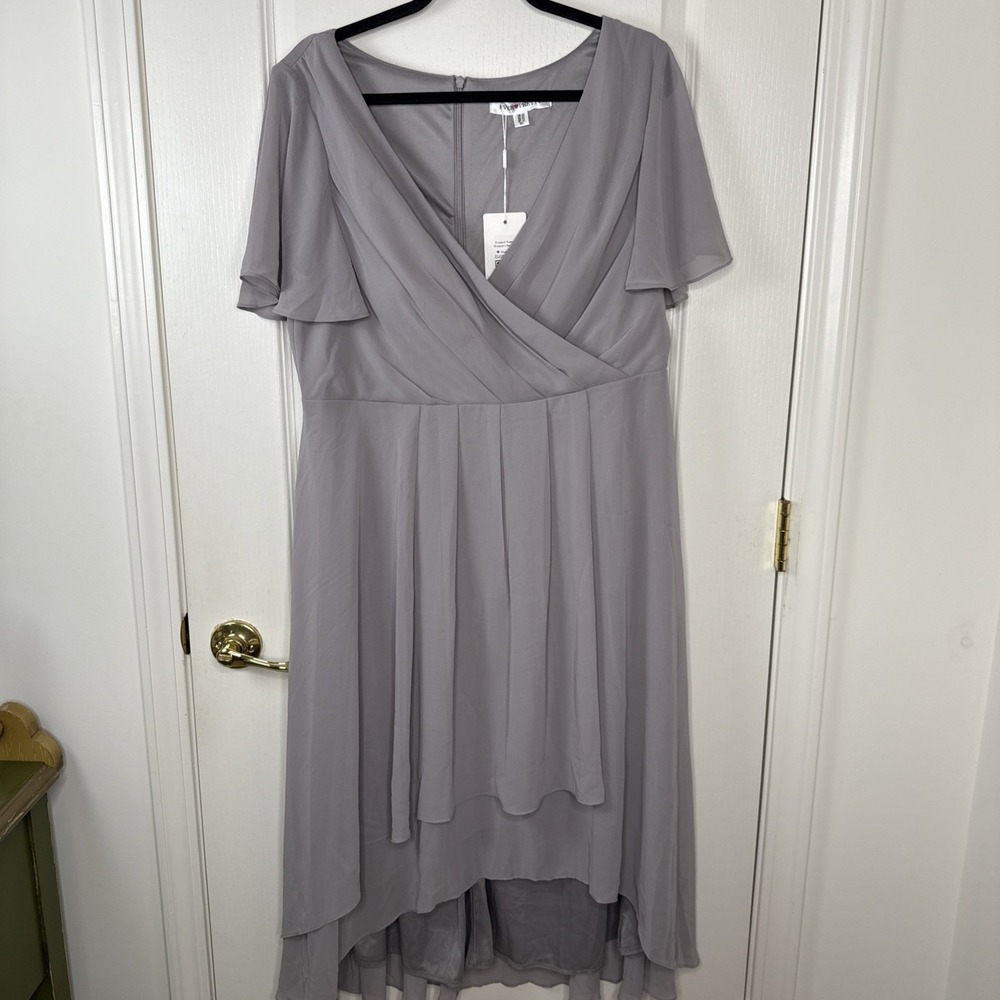 Ever Pretty Womens 16 Gray Chiffon Midi Dress NWT Ruffle Sleeve Wedding Guest